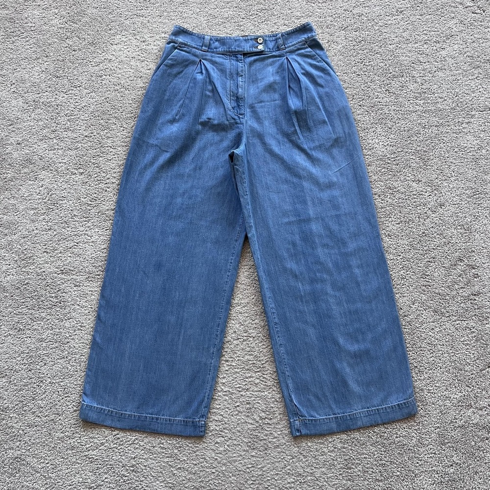 Jenni Kayne Pleated Wide Leg Baggy High Rise Jeans Womens 12 Blue Cotton